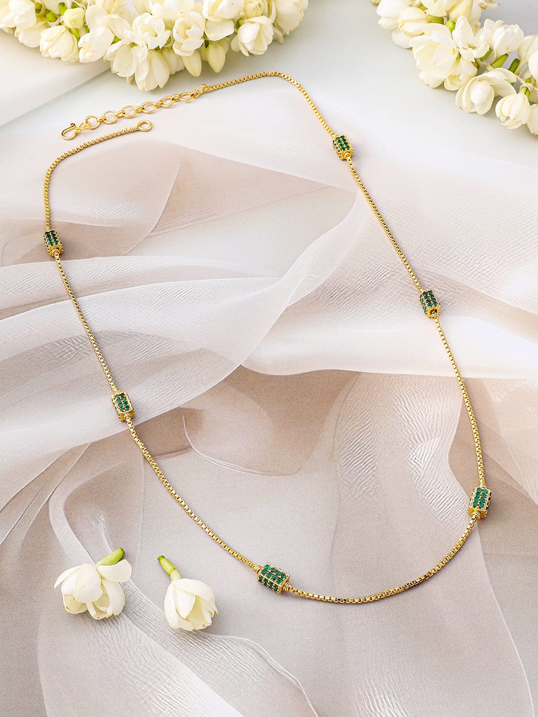 Rubans 18K Gold-Plated Emerald Green Beaded Elegant Long Gold Tone Necklace