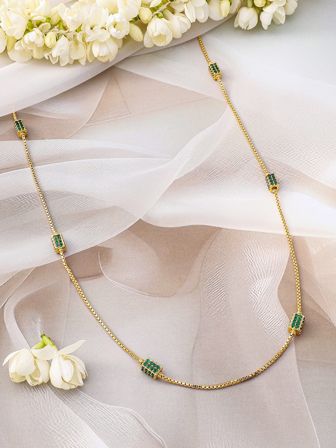 Rubans 18K Gold-Plated Emerald Green Beaded Elegant Long Gold Tone Necklace