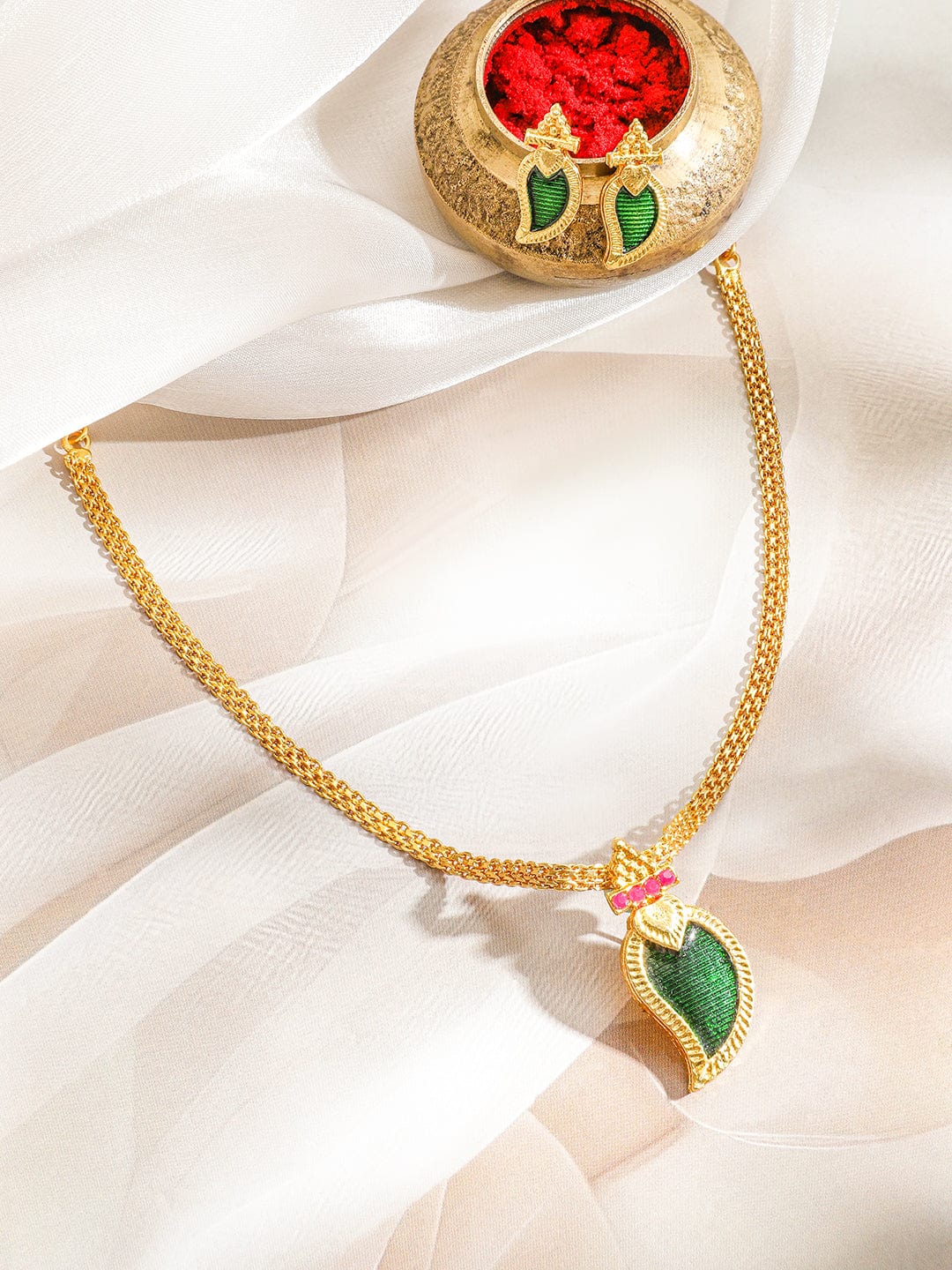 Rubans 18K Gold-Plated Green Enamel Leaf Pendant Necklace Set with Pink & White Stone Floral Accents for Women