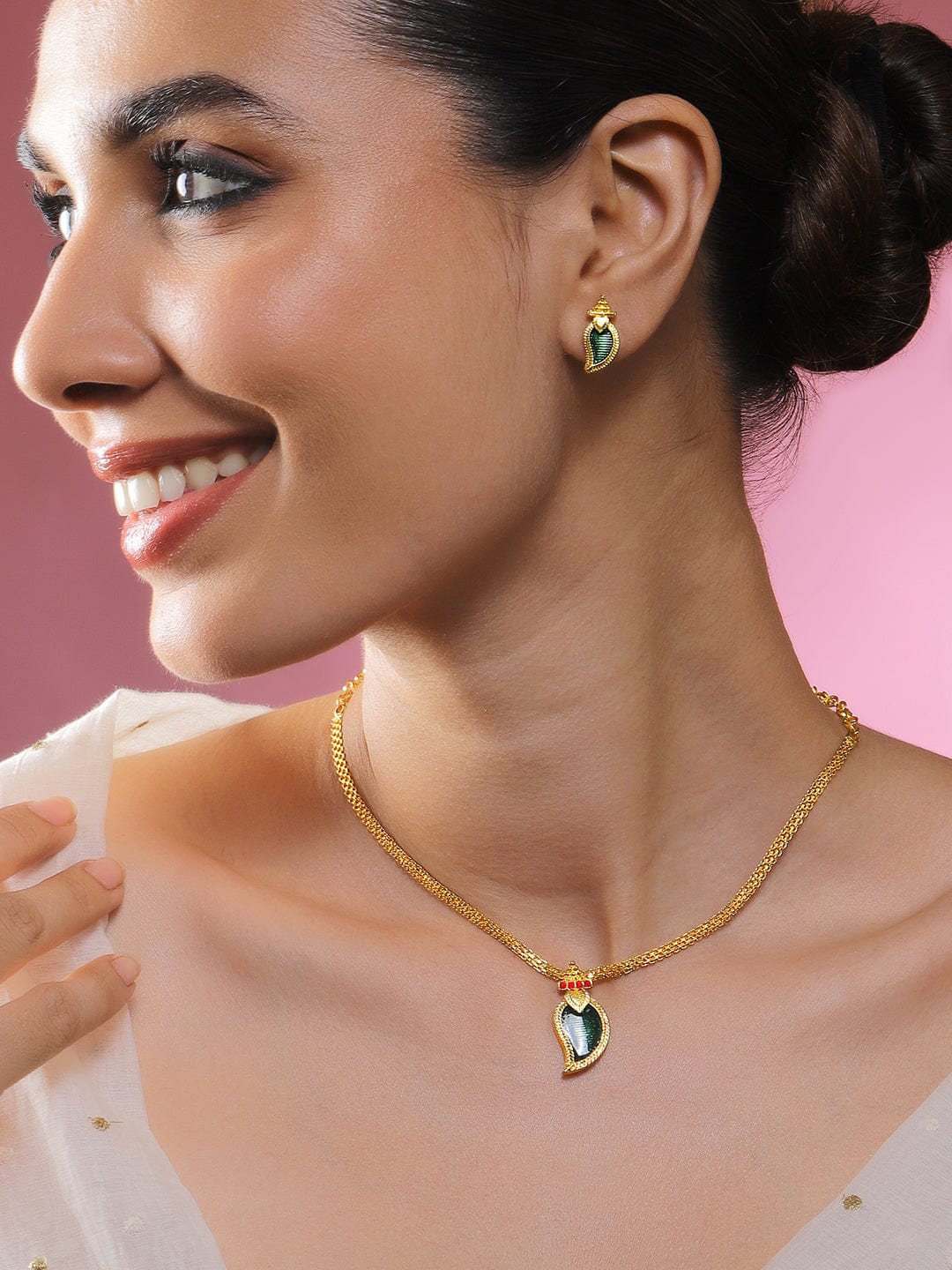 Rubans 18K Gold-Plated Green Enamel Leaf Pendant Necklace Set with Pink & White Stone Floral Accents for Women