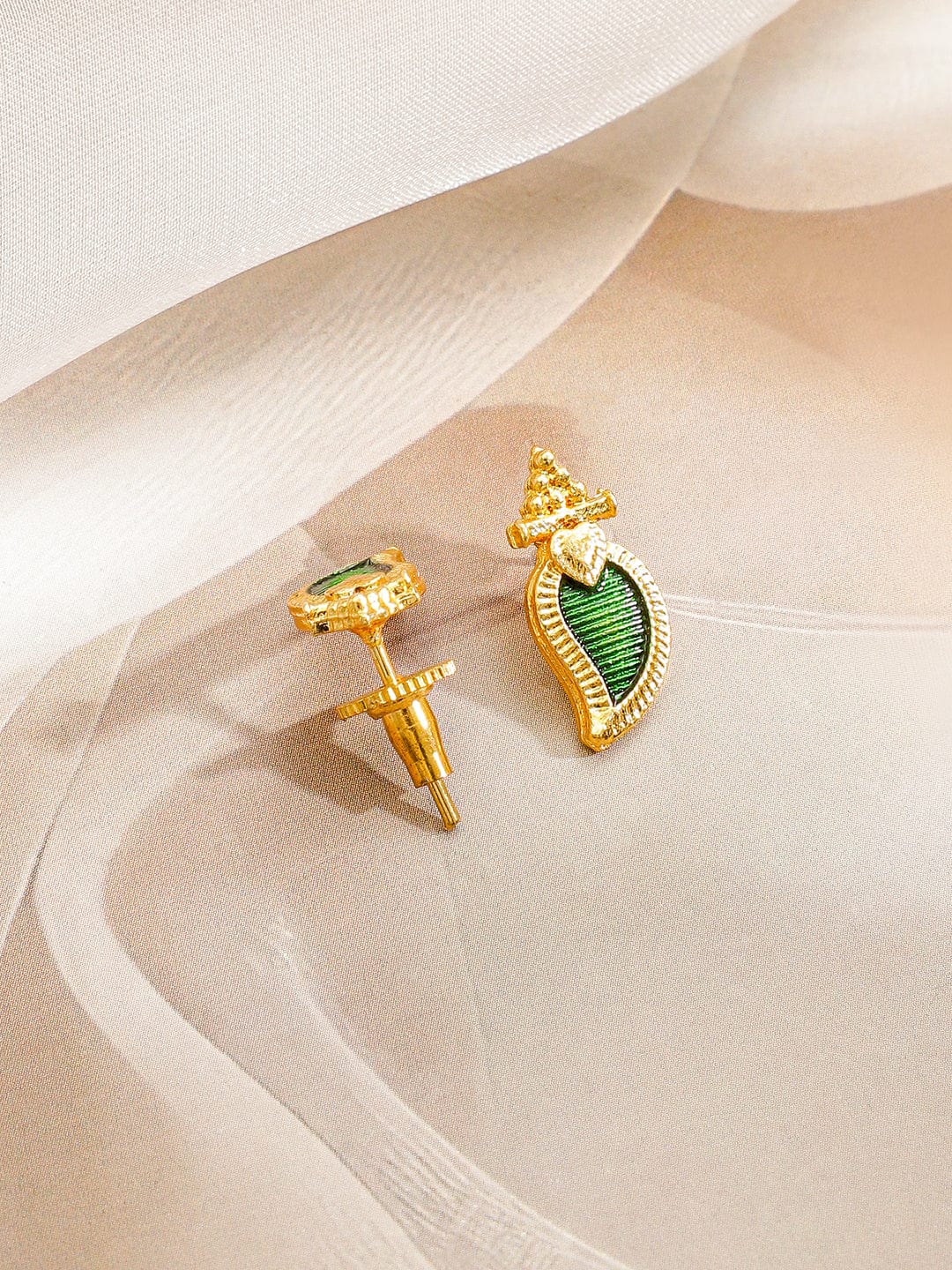 Rubans 18K Gold-Plated Green Enamel Leaf Pendant Necklace Set with Pink & White Stone Floral Accents for Women