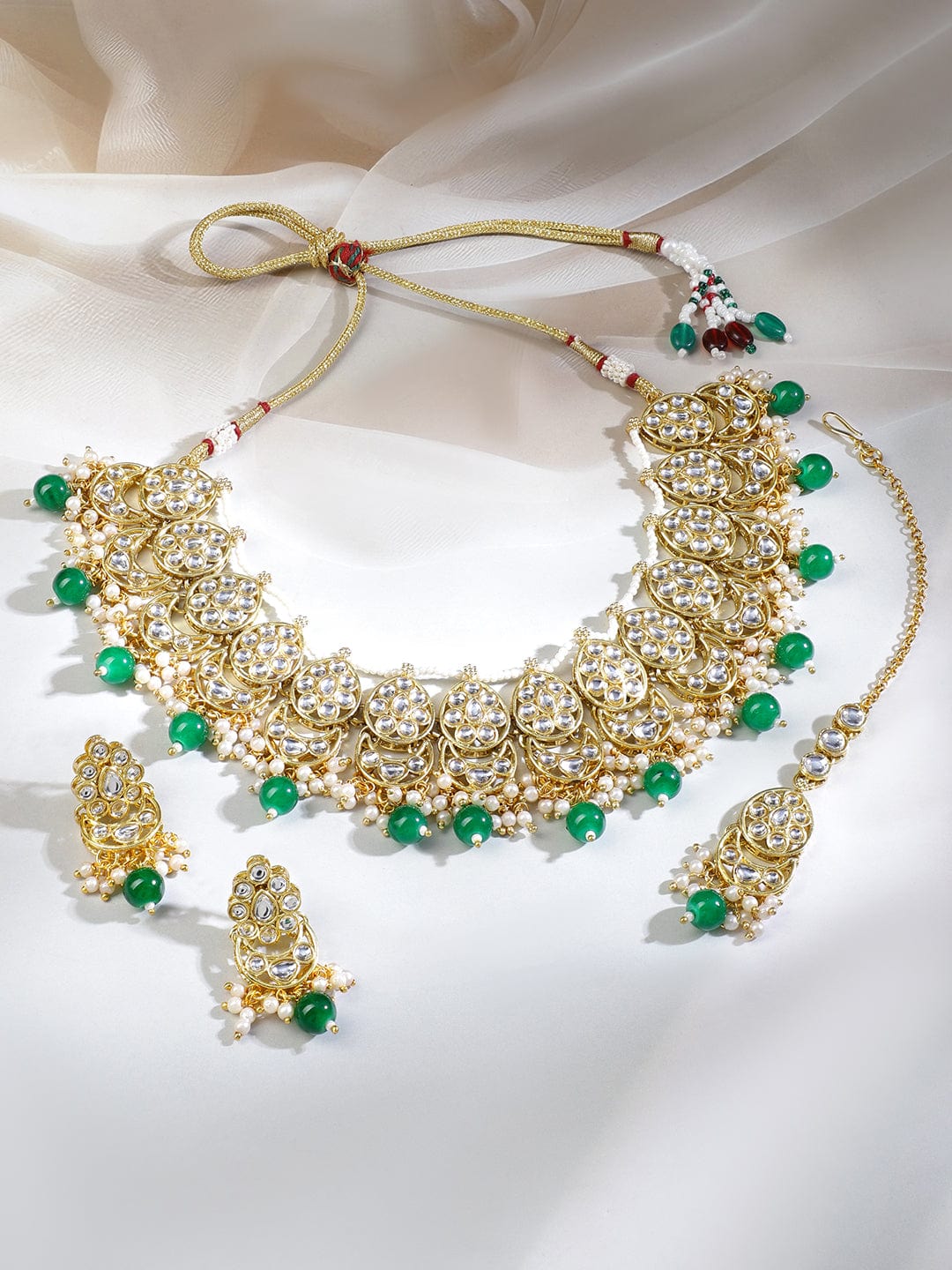 Rubans 18K Gold-Plated Kundan-Studded White & Green Beaded Choker Necklace Set with Earrings & Maang Tikka