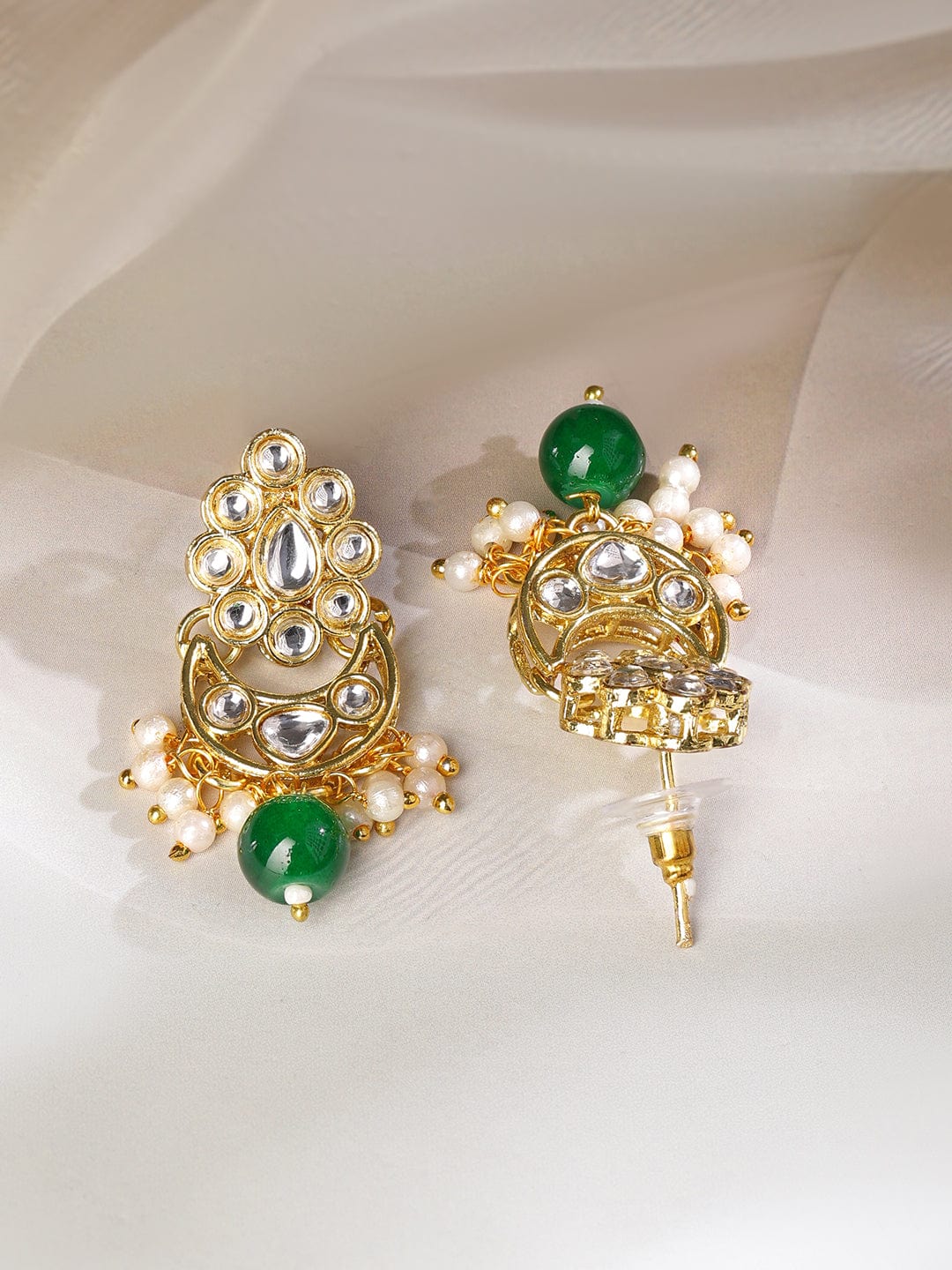 Rubans 18K Gold-Plated Kundan-Studded White & Green Beaded Choker Necklace Set with Earrings & Maang Tikka