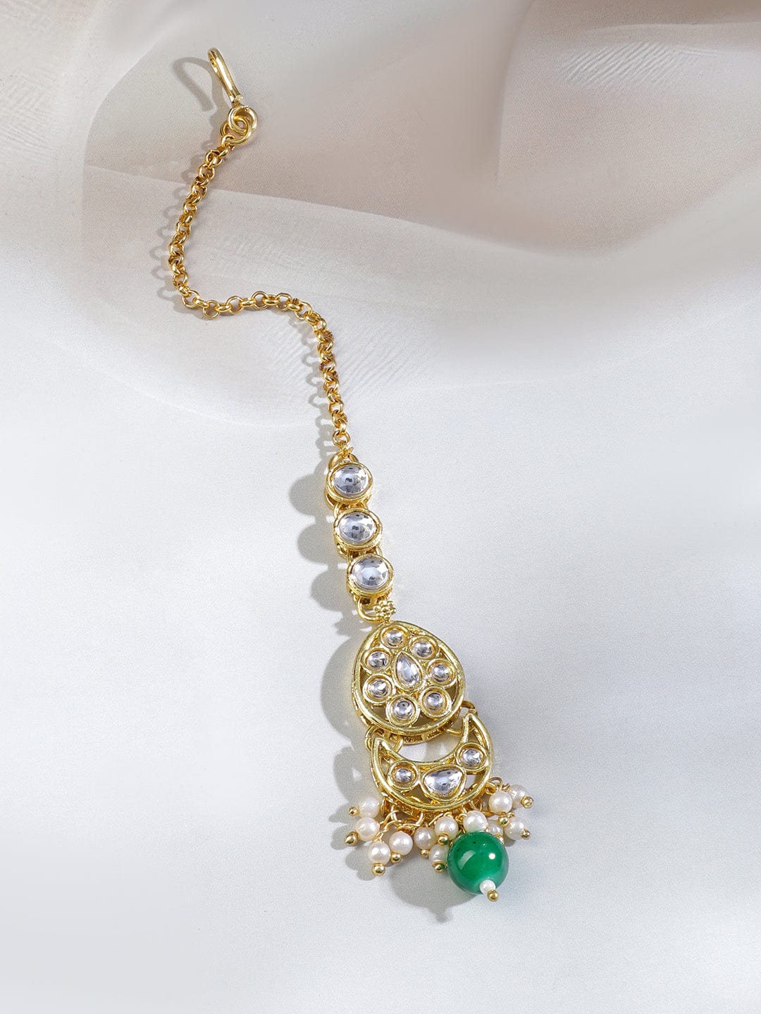 Rubans 18K Gold-Plated Kundan-Studded White & Green Beaded Choker Necklace Set with Earrings & Maang Tikka