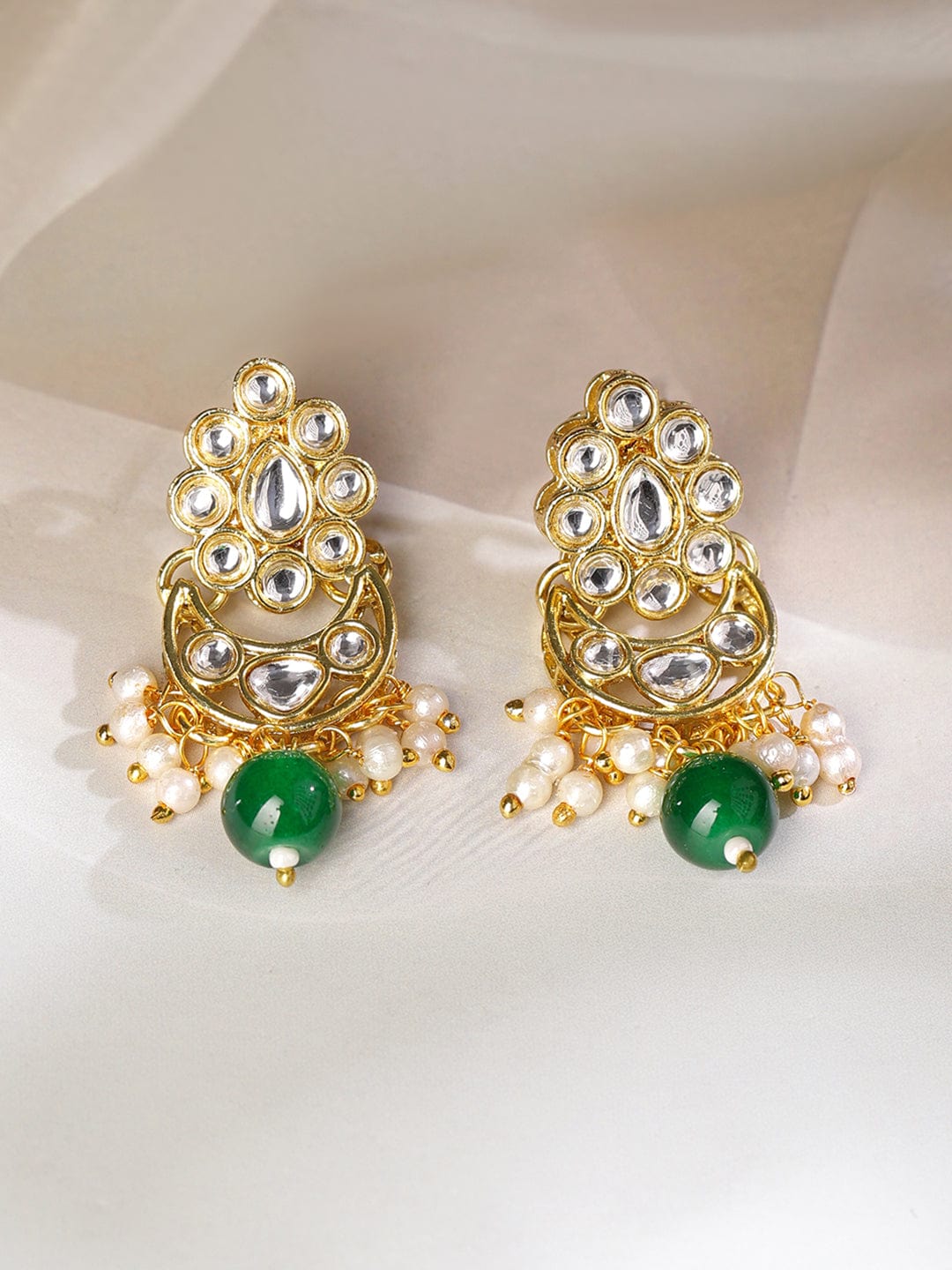 Rubans 18K Gold-Plated Kundan-Studded White & Green Beaded Choker Necklace Set with Earrings & Maang Tikka