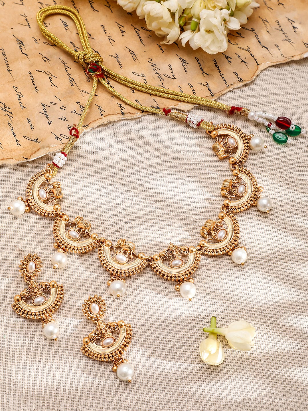 Rubans 18K Gold-Plated White Pearl Drops and Kundan Studded Temple Necklace Set