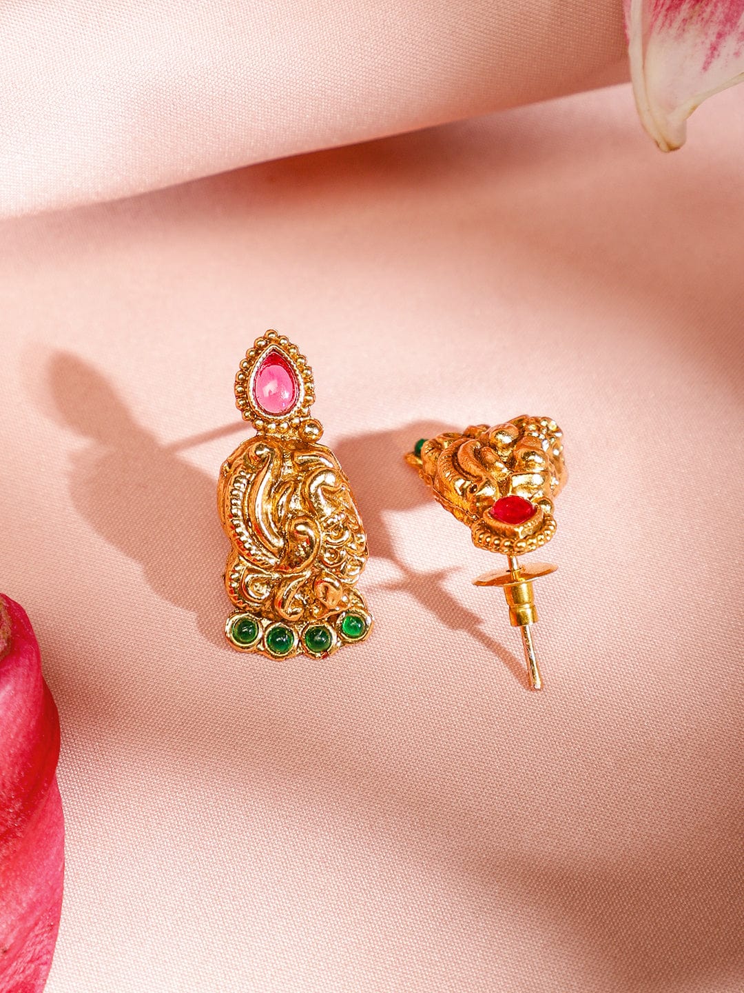 Rubans 18K Gold-Plated Ruby Pink & Emerald Green Studded Temple Necklace Set with Peacock & Floral Motifs for Women
