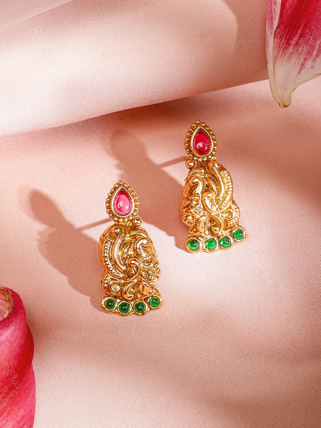 Rubans 18K Gold-Plated Ruby Pink & Emerald Green Studded Temple Necklace Set with Peacock & Floral Motifs for Women