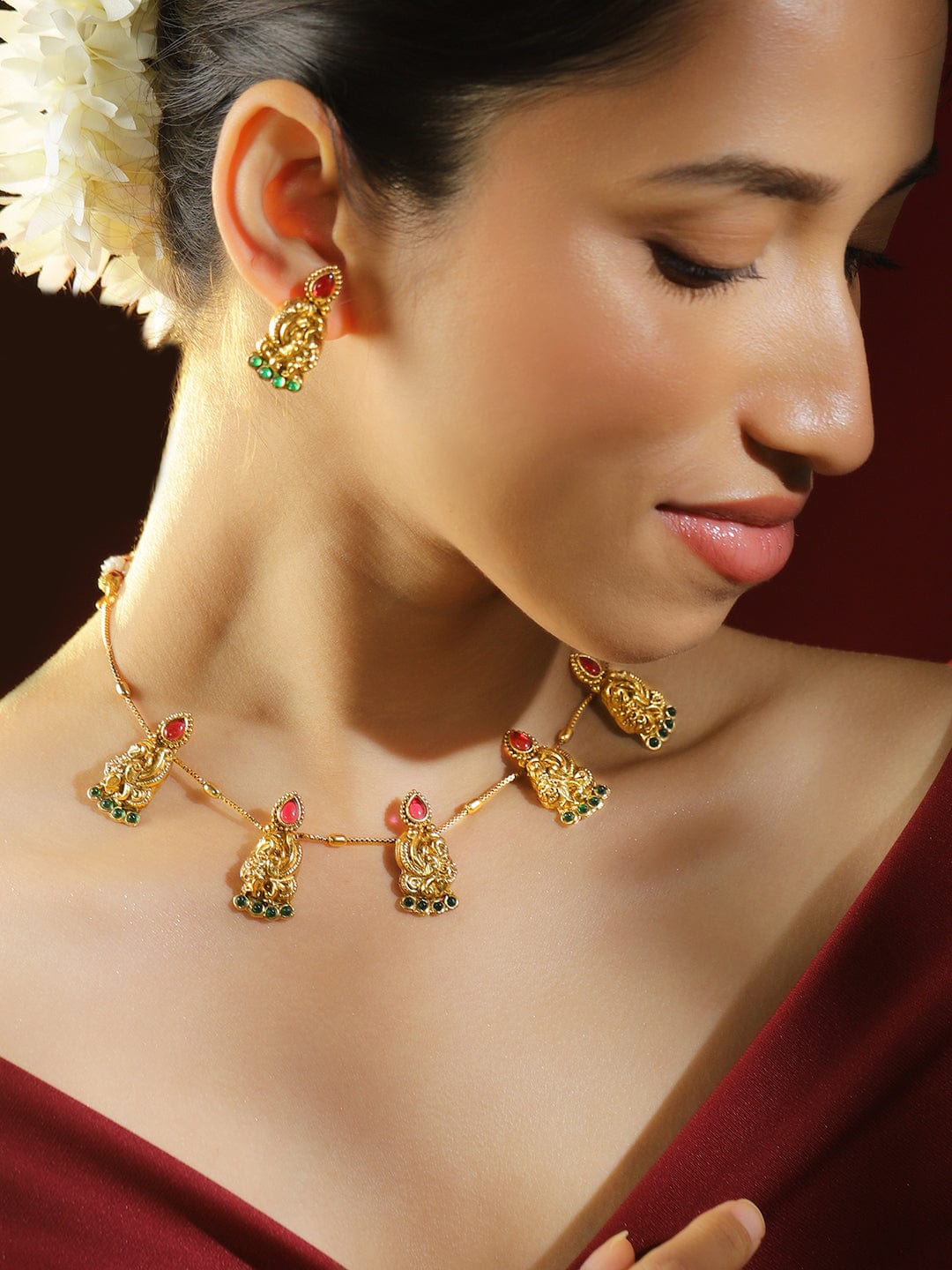 Rubans 18K Gold-Plated Ruby Pink & Emerald Green Studded Temple Necklace Set with Peacock & Floral Motifs for Women