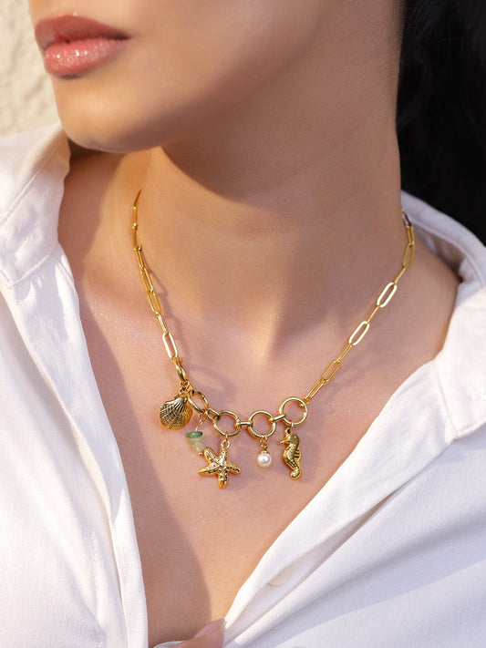 Rubans 18K Gold-Plated Sea Charm Design Brass Necklace with Green Beads & Pearl Detailing