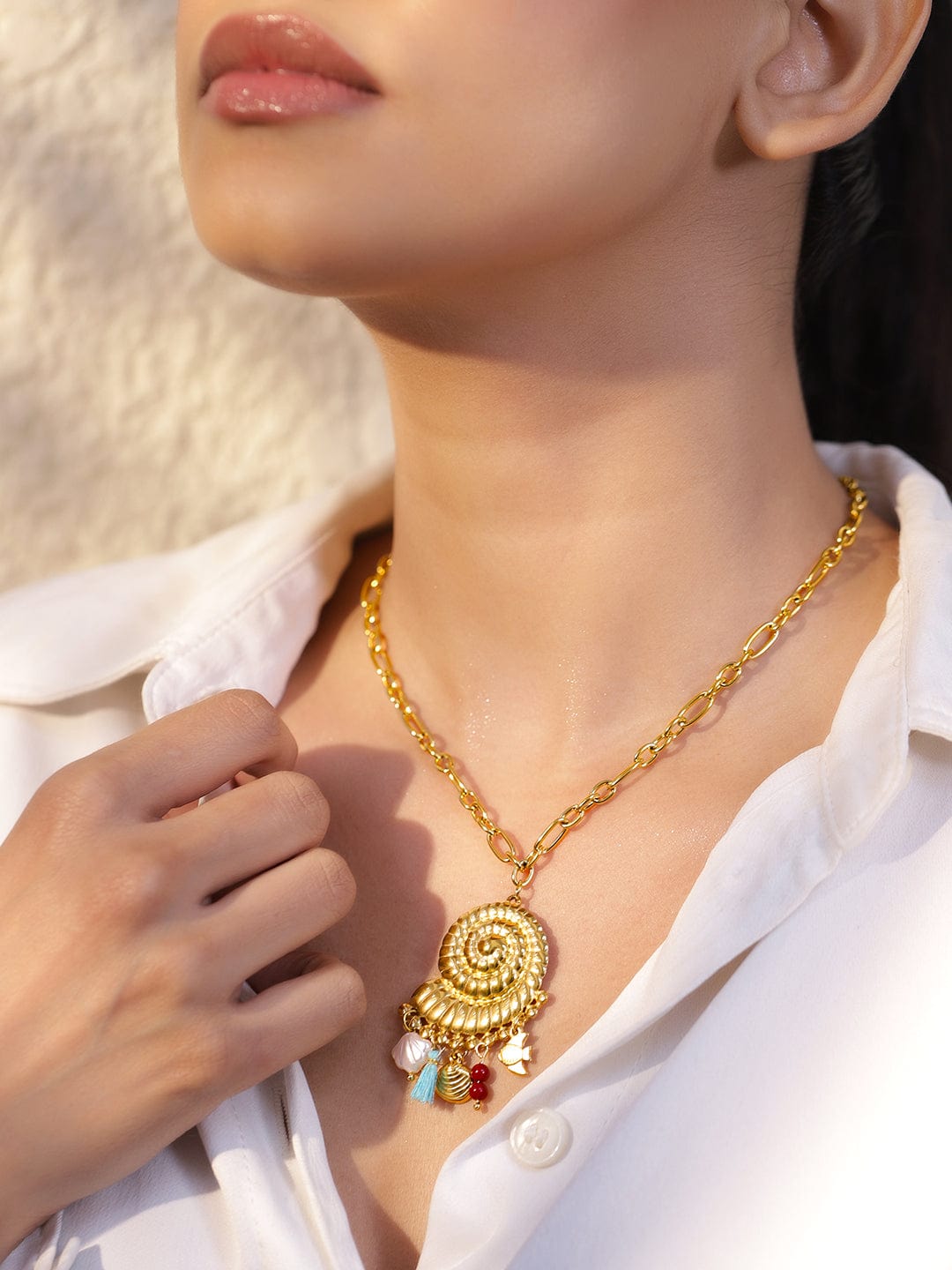 Rubans 18K Gold-Plated Spiral Shell Pendant Necklace with Multi-Coloured Beads & Charms Brass Chain