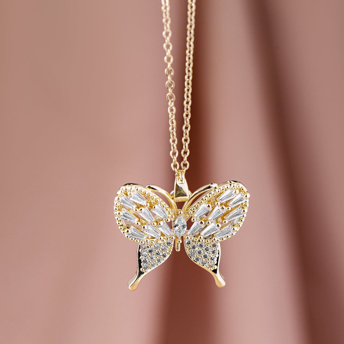 Rubans 18K Gold Plated Stainless Steel Tarnish-Free Waterproof CZ Studded Butterfly Necklace
