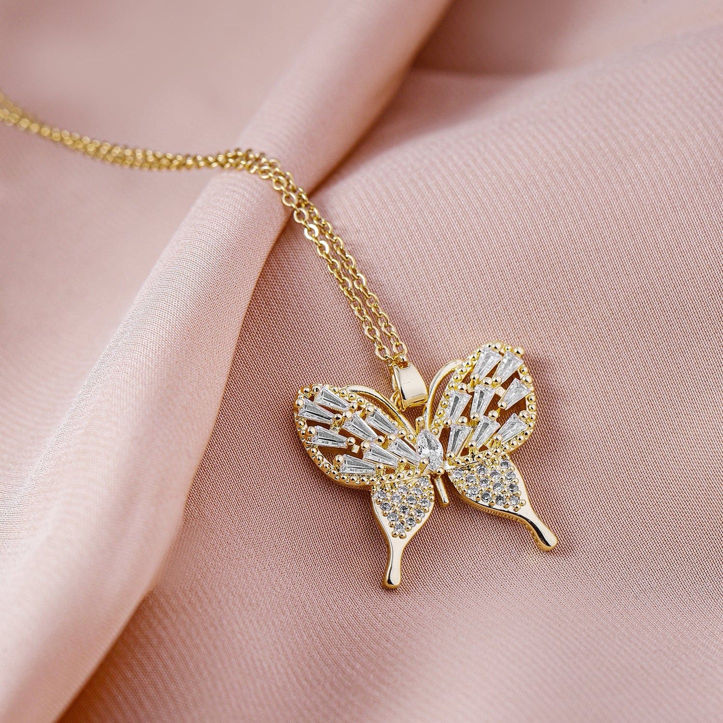 Rubans 18K Gold Plated Stainless Steel Tarnish-Free Waterproof CZ Studded Butterfly Necklace