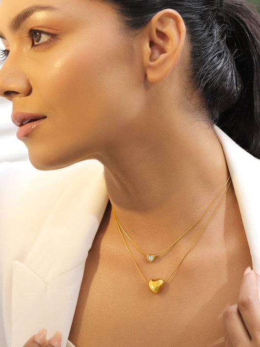 Rubans 18K Gold-Plated Stainless Steel Tarnish-Free Waterproof Heart Charm Double Layer Necklace with AD Studded Detailing