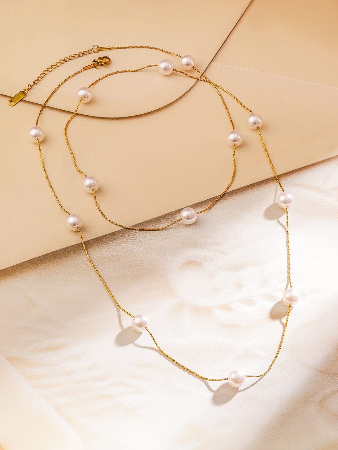 Rubans 18K Gold-Plated Stainless Steel Tarnish-Free Waterproof Pearl Beaded Layer Necklace