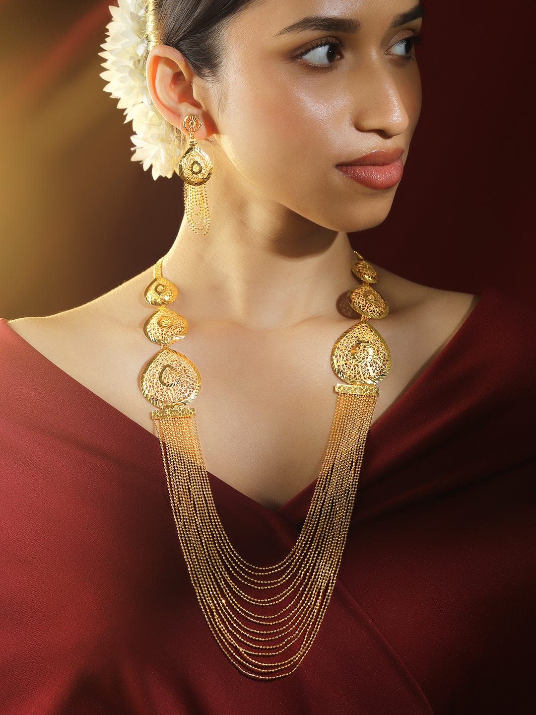 Rubans 18K Gold-Plated Textured Disc & Multi-Layer Beaded Statement Necklace Set for Women