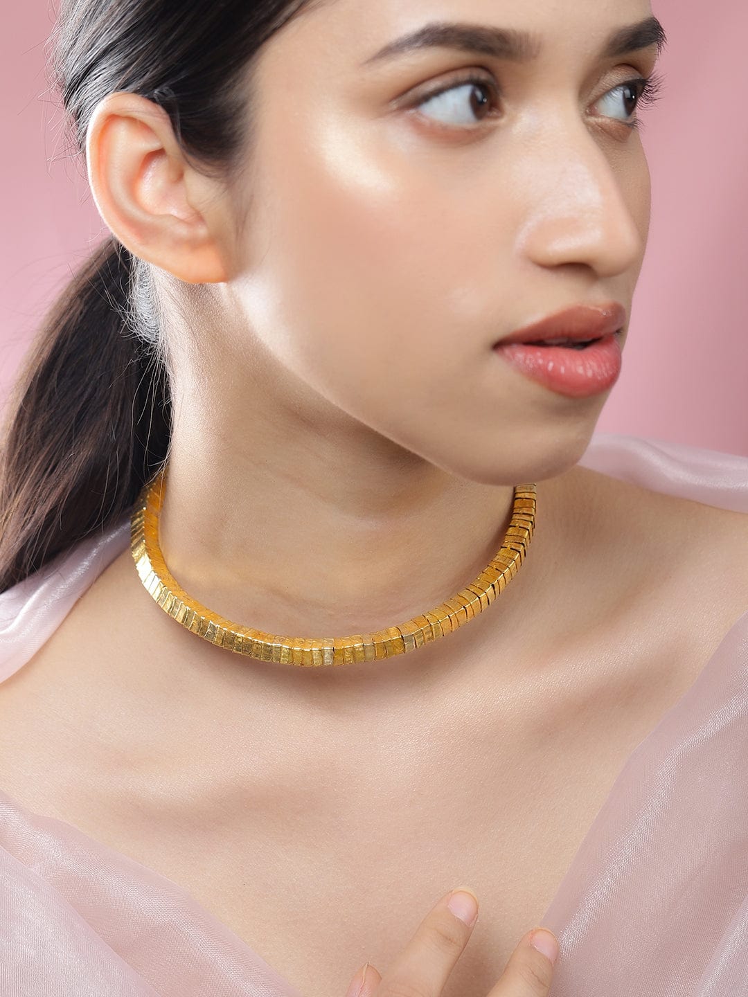 Rubans 18K Gold-Plated Textured Link Statement Bold Choker Necklace for Women