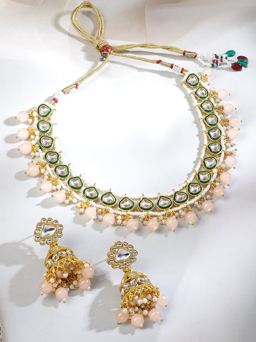 Rubans 18K Gold-Plated White Kundan Necklace Set with Green Enamel, White Pearls and Peach Beads