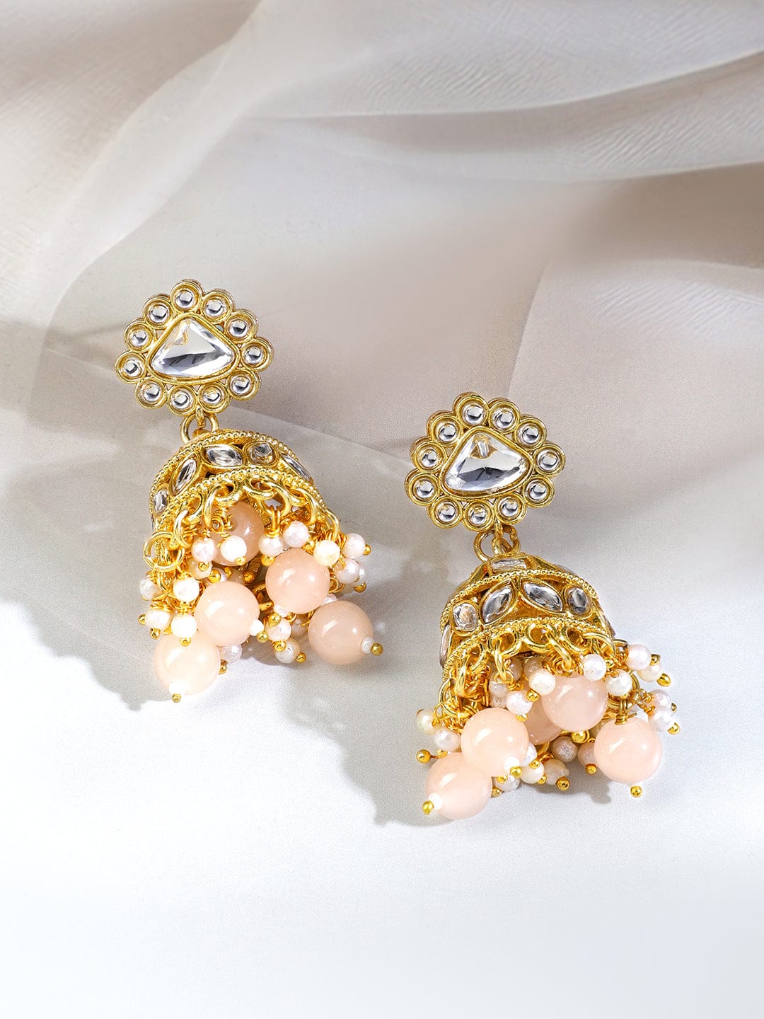 Rubans 18K Gold-Plated White Kundan Necklace Set with Green Enamel, White Pearls and Peach Beads
