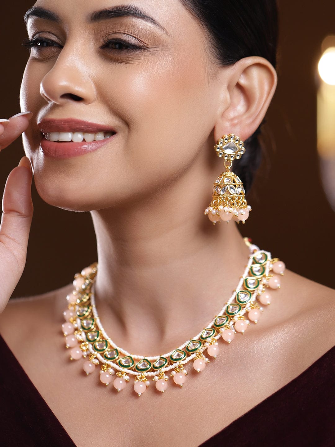 Rubans 18K Gold-Plated White Kundan Necklace Set with Green Enamel, White Pearls and Peach Beads