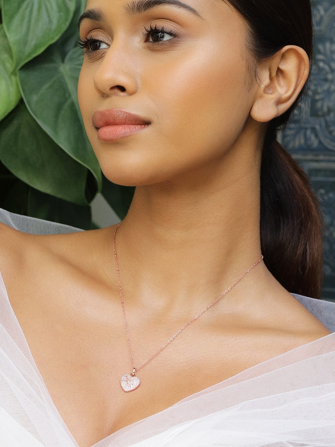 Rubans 18K Rose Gold-Plated Heart-Shaped Cubic Zirconia Studded Pendant Necklace