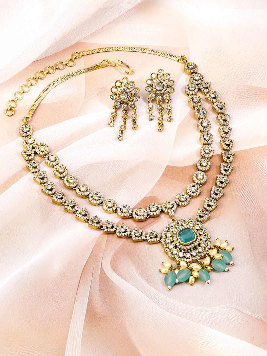 Rubans 22K Gold-Plated Aqua Blue & White Cubic Zirconia Studded Dual-Layer Necklace Set with Cream & Aqua Blue Pearl Drops