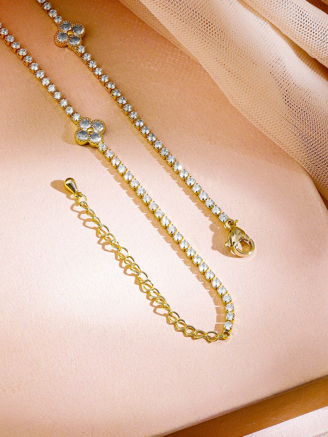Rubans 22K Gold-Plated Cubic Zirconia Studded Floral Charm Tennis Necklace