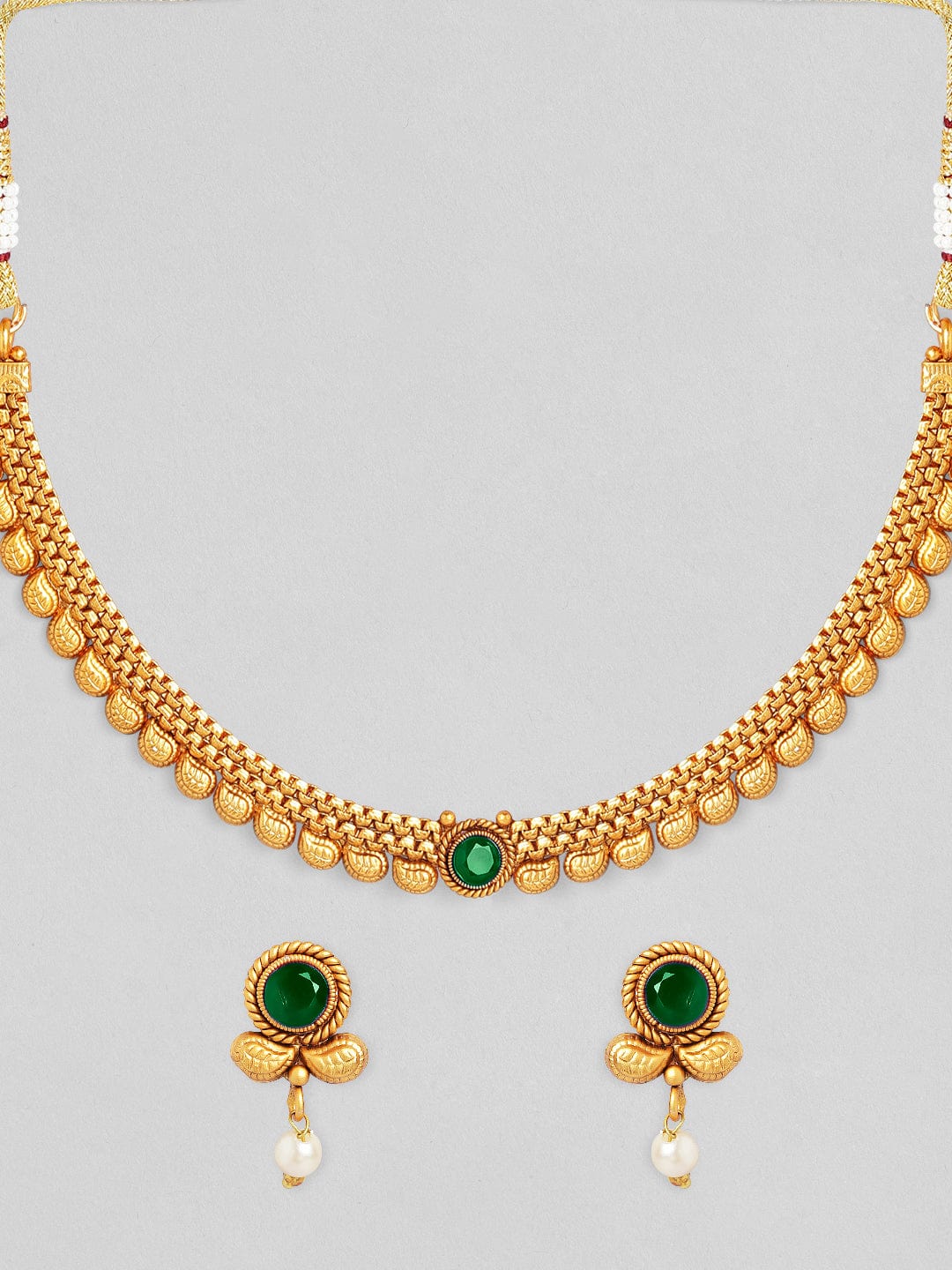 Rubans 22K Gold-Plated Dark Emerald Green Stone & Pearl Beaded Traditional Necklace Set