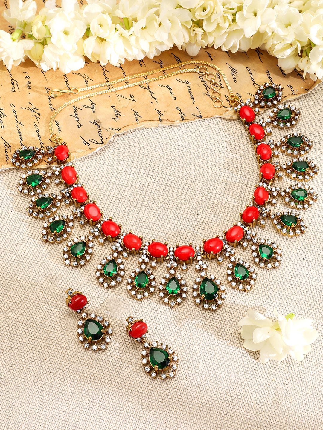 Rubans 22K Gold-Plated Orange & Emerald Dark Green Stones with Cubic Zirconia Necklace Set