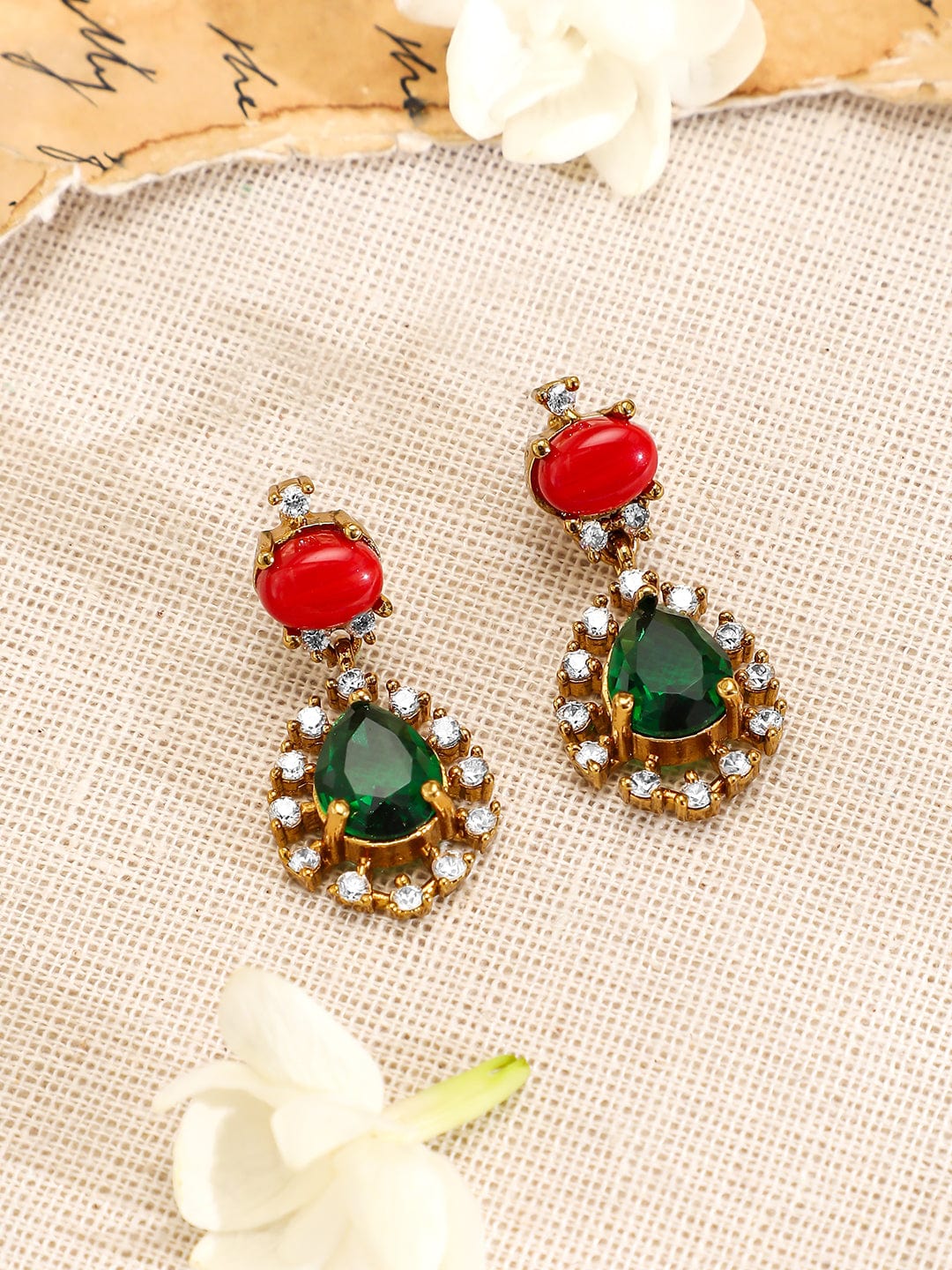 Rubans 22K Gold-Plated Orange & Emerald Dark Green Stones with Cubic Zirconia Necklace Set