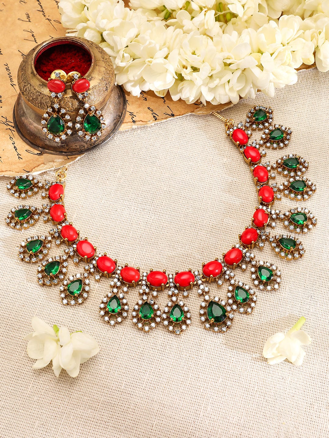 Rubans 22K Gold-Plated Orange & Emerald Dark Green Stones with Cubic Zirconia Necklace Set