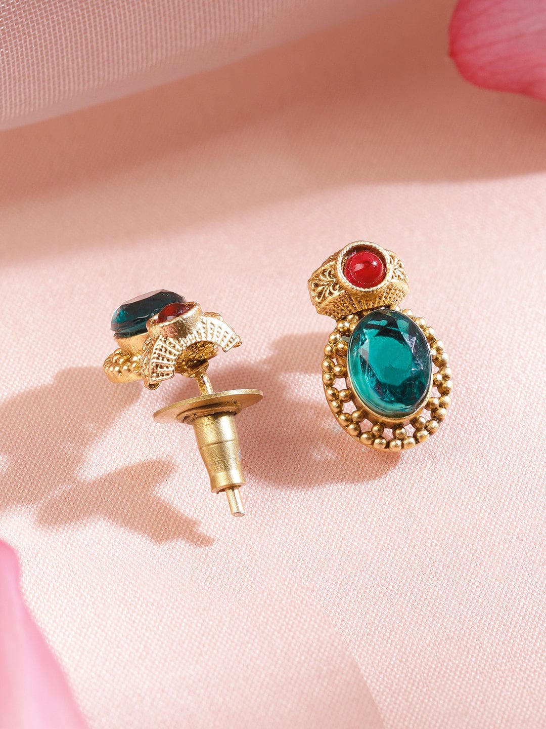 Rubans 22K Gold-Plated Emerald Green & Ruby Red Stone-Studded Adjustable Necklace Set