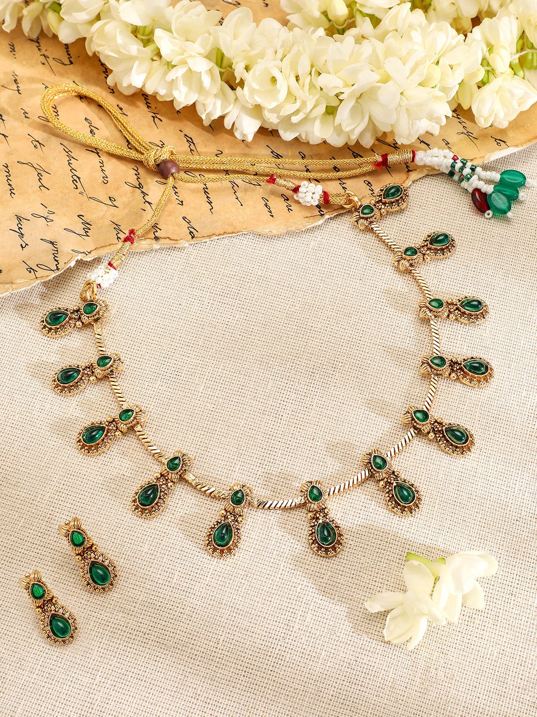 Rubans 22K Gold-Plated Emerald Green Stone Studded Antique Handcrafted Necklace Set