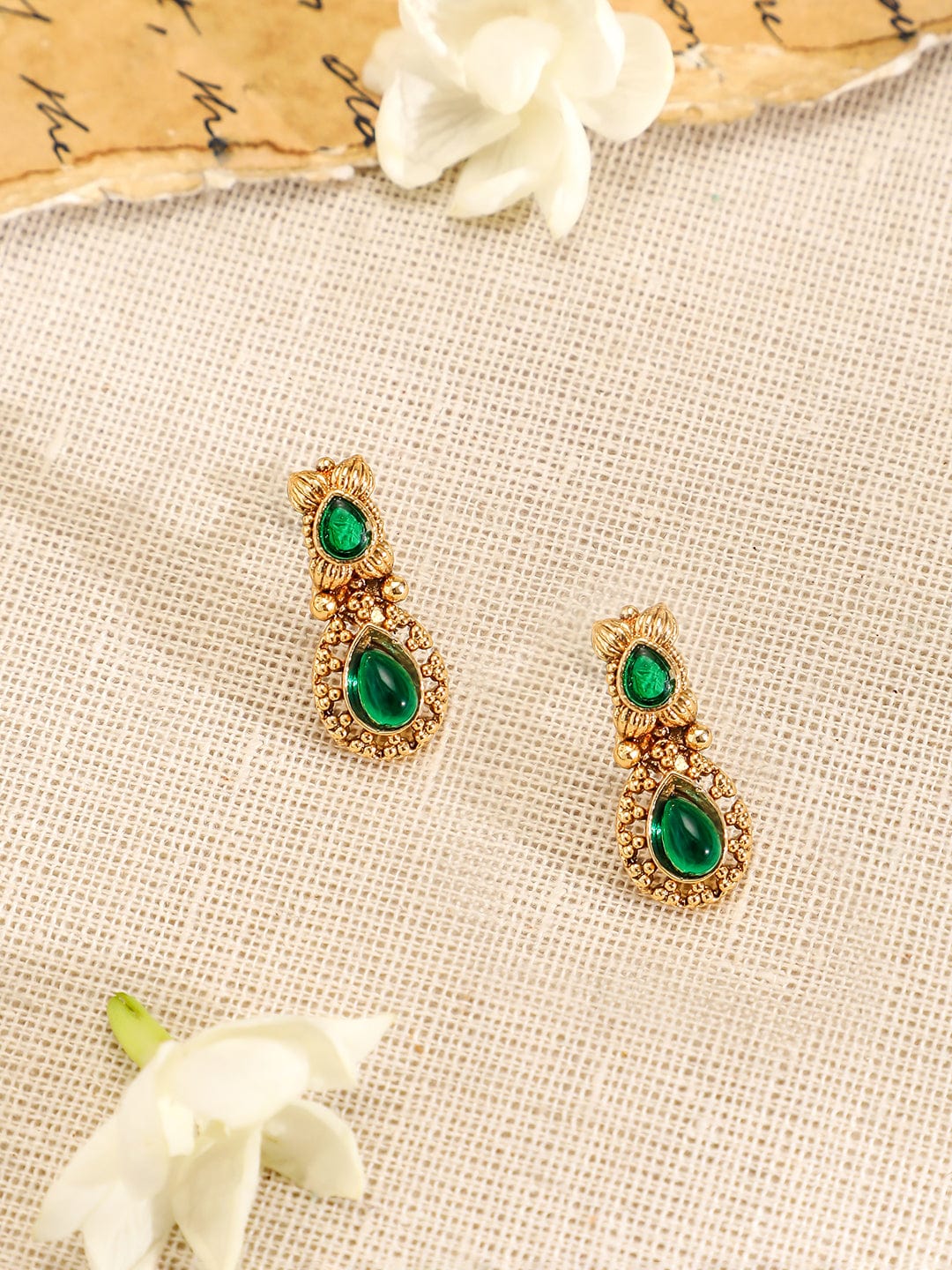 Rubans 22K Gold-Plated Emerald Green Stone Studded Antique Handcrafted Necklace Set