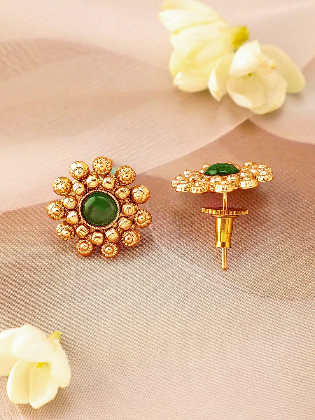 Rubans 22K Gold-Plated Emerald Green Studded Traditional Choker Necklace Set with Gold Beads