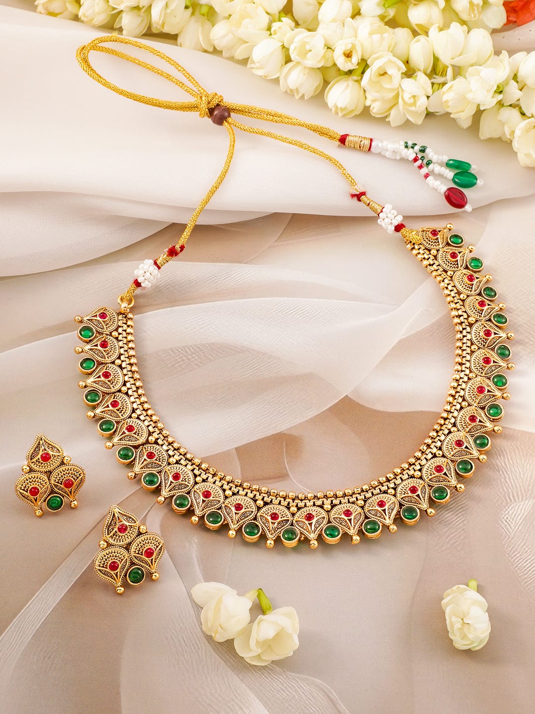 Rubans 22k Gold-Plated Emerald Kundan-Studded & Beaded Necklace Set