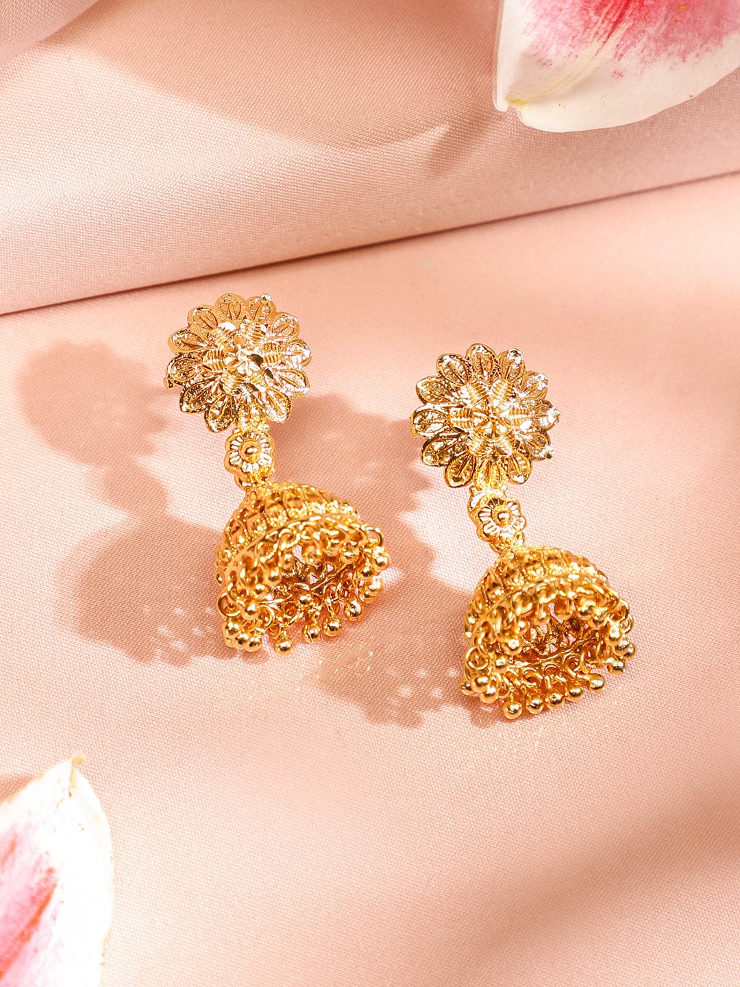 Rubans 22K Gold-Plated Floral Design Necklace & Earrings Set with Golden Beaded Detailing for Women
