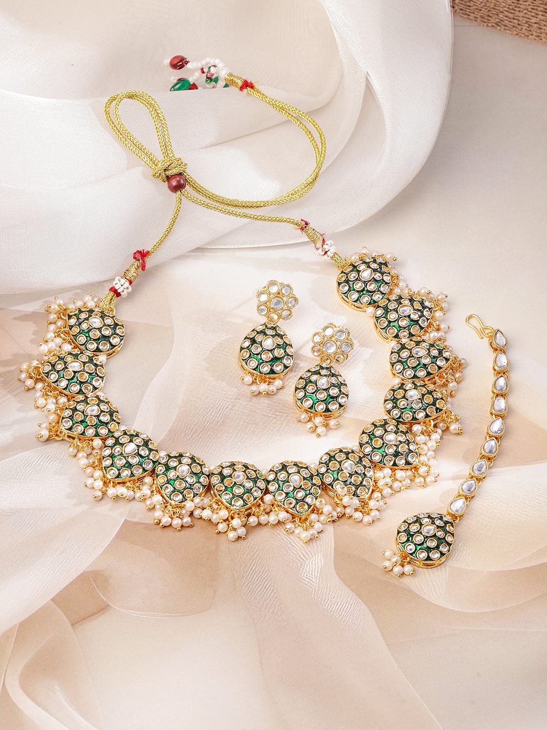 Rubans 22K Gold-Plated Green Enamel Kundan Studded Necklace Set with Pearl Beaded Drops