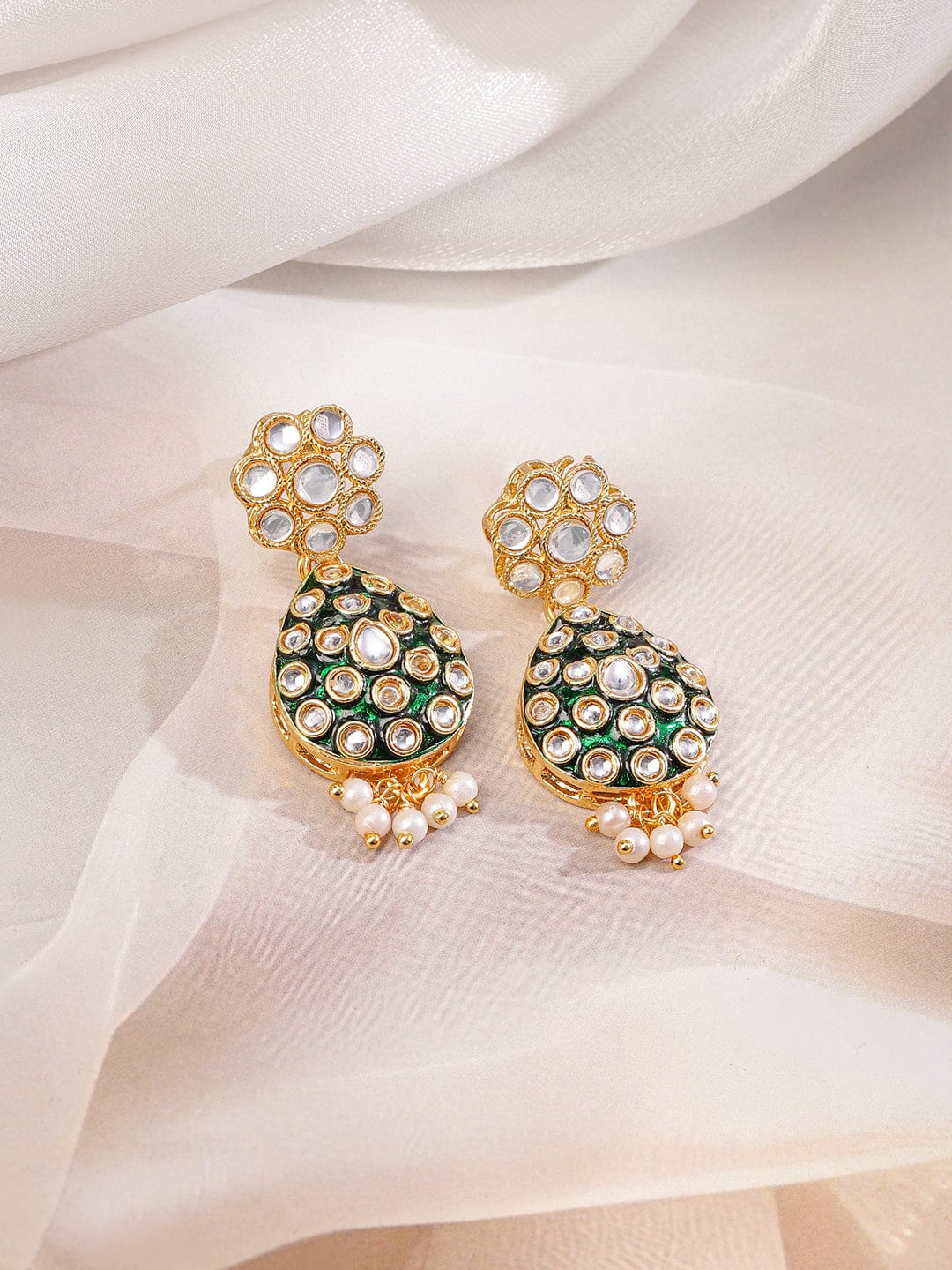 Rubans 22K Gold-Plated Green Enamel Kundan Studded Necklace Set with Pearl Beaded Drops