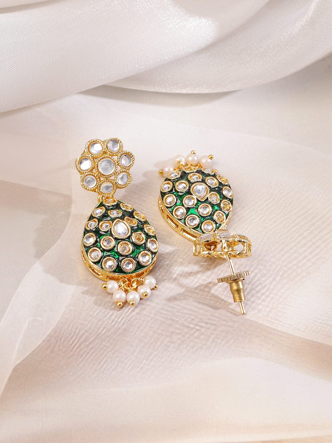 Rubans 22K Gold-Plated Green Enamel Kundan Studded Necklace Set with Pearl Beaded Drops