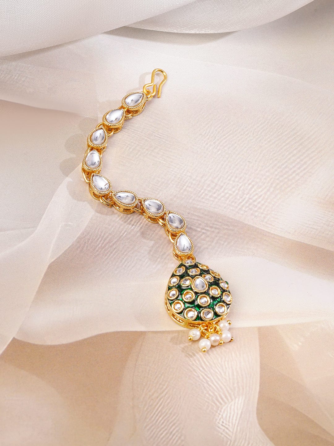 Rubans 22K Gold-Plated Green Enamel Kundan Studded Necklace Set with Pearl Beaded Drops
