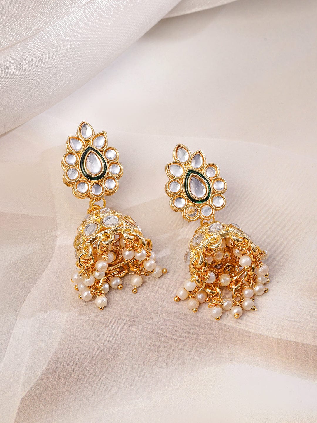 Rubans 22K Gold-Plated Green Enamel Kundan Studded Necklace Set with Pearl Beaded Drops