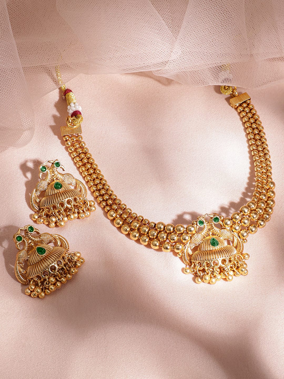 Rubans 22K Gold-Plated Green Stone & Gold Beaded Peacock Design Traditional Necklace Set