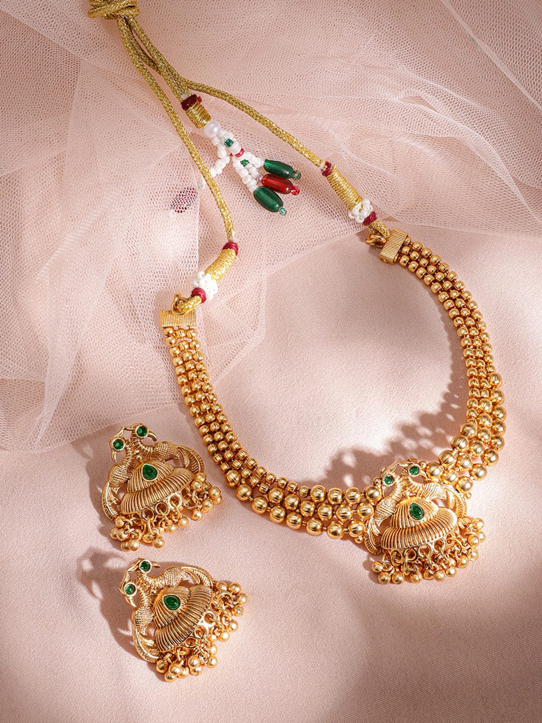 Rubans 22K Gold-Plated Green Stone & Gold Beaded Peacock Design Traditional Necklace Set