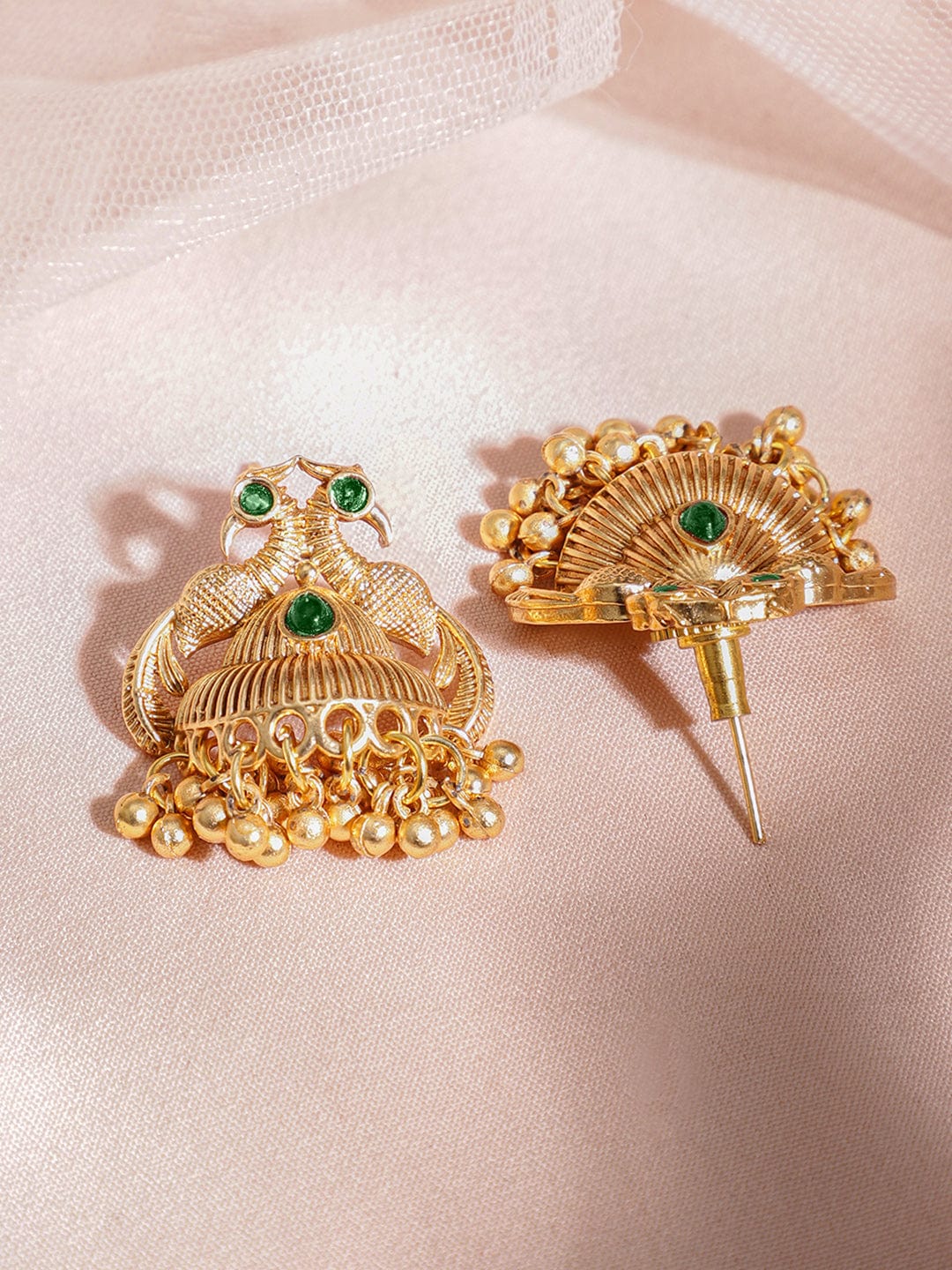 Rubans 22K Gold-Plated Green Stone & Gold Beaded Peacock Design Traditional Necklace Set