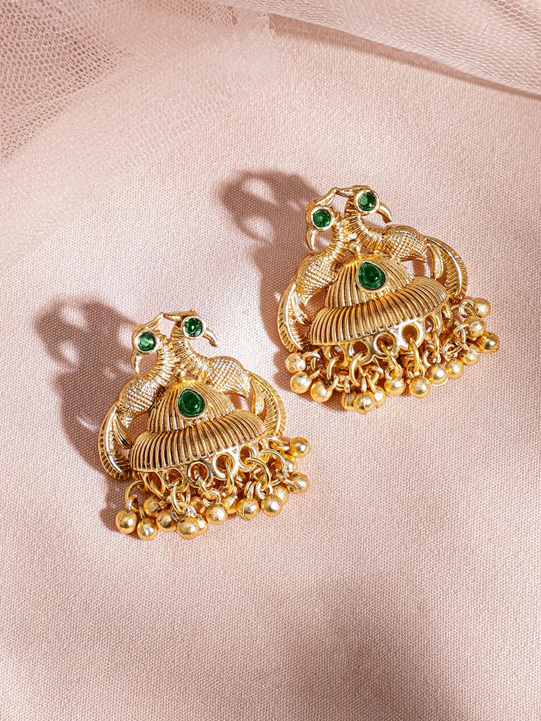 Rubans 22K Gold-Plated Green Stone & Gold Beaded Peacock Design Traditional Necklace Set