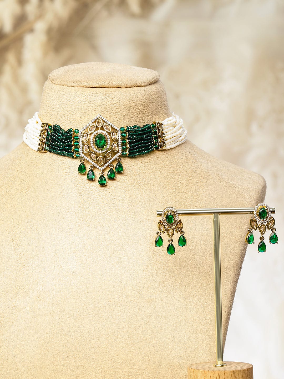 Rubans 22K Gold-Plated Handcrafted Choker Necklace Set with Emerald Green Cubic Zirconia & Off-White Beads