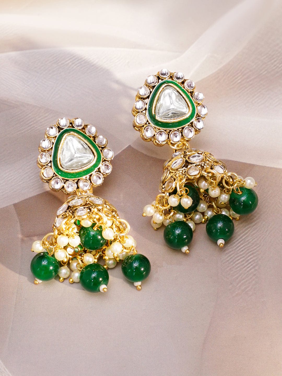 Rubans 22K Gold-Plated Handcrafted Kundan Studded Green Enamel & Green Beaded Necklace Set