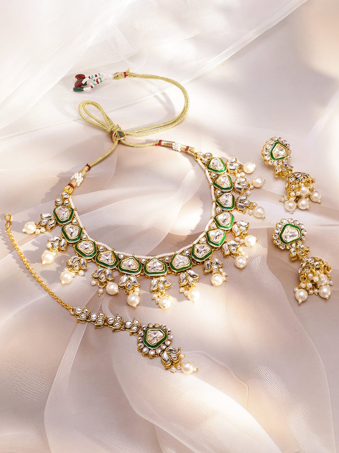 Rubans 22K Gold-Plated Handcrafted Kundan Studded Green Enamel & White Pearl Beaded Necklace Set
