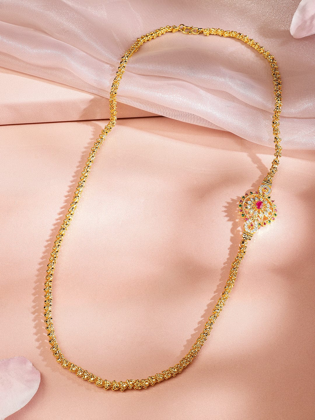Rubans 22K Gold-Plated Handcrafted Long Necklace with Ruby Pink & Emerald Green Accent Pendant for Women